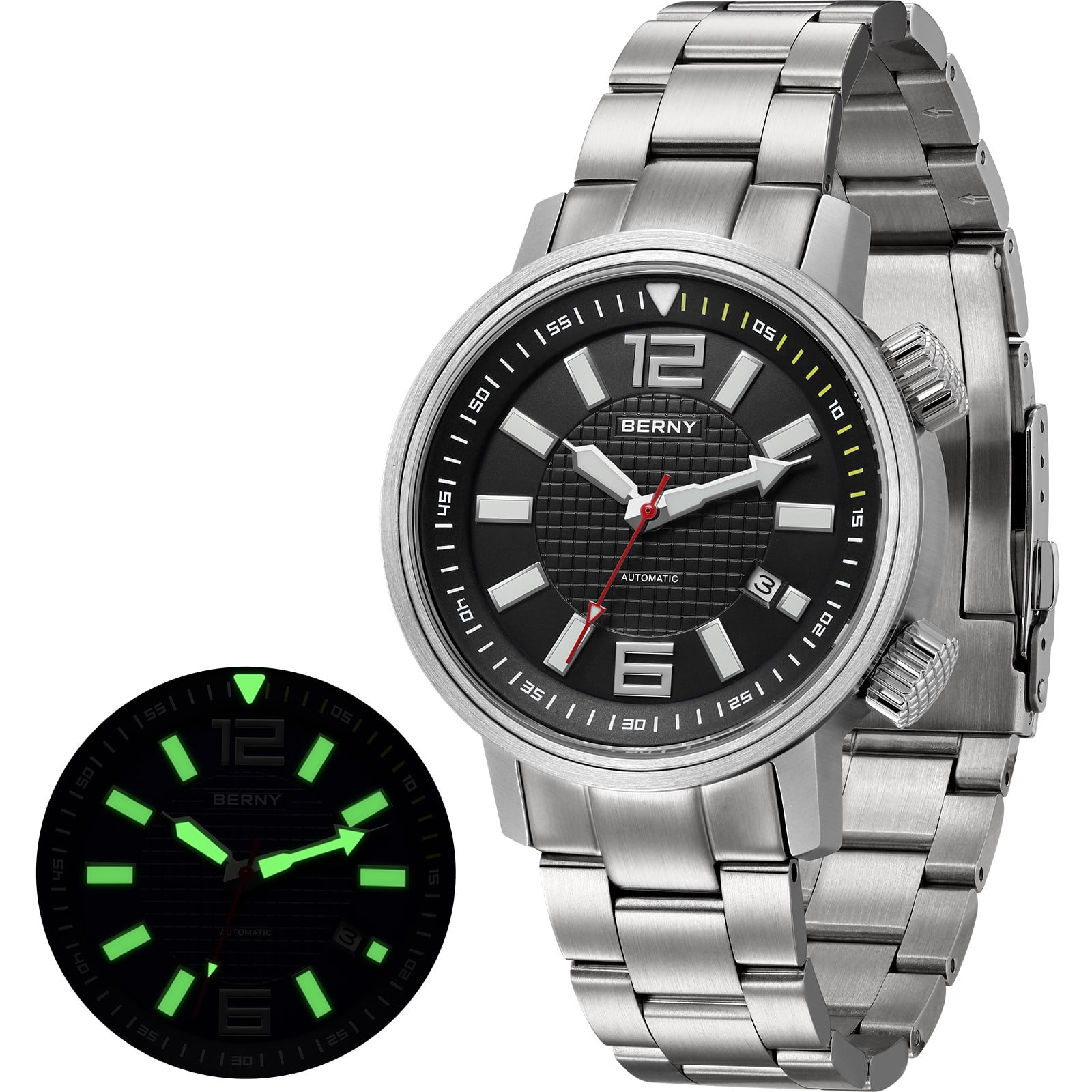 BERNY Automatic Dive Watches for Men, Sport 200M Waterproof Analog Mechanical Watch with Date, Super Luminous, Stainless Steel, Sapphire Crystal, Fashion Men's Pro Diver Watch (Black)