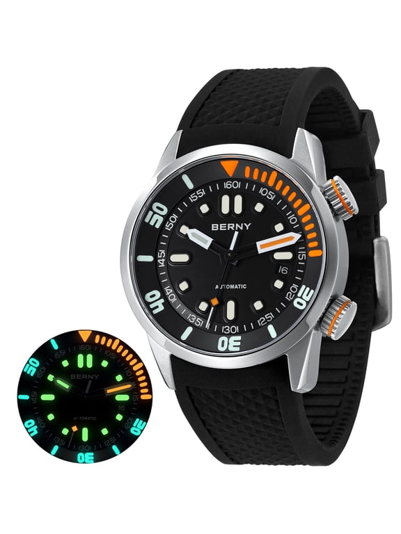 Automatic Dive Watches for Men, Sport 20ATM Waterproof Analog Mechanical Watch with Date, Super Luminous, Silicone Strap, Stainless Steel, Sapphire Crystal, Men's Pro Diver Watch (Black)
