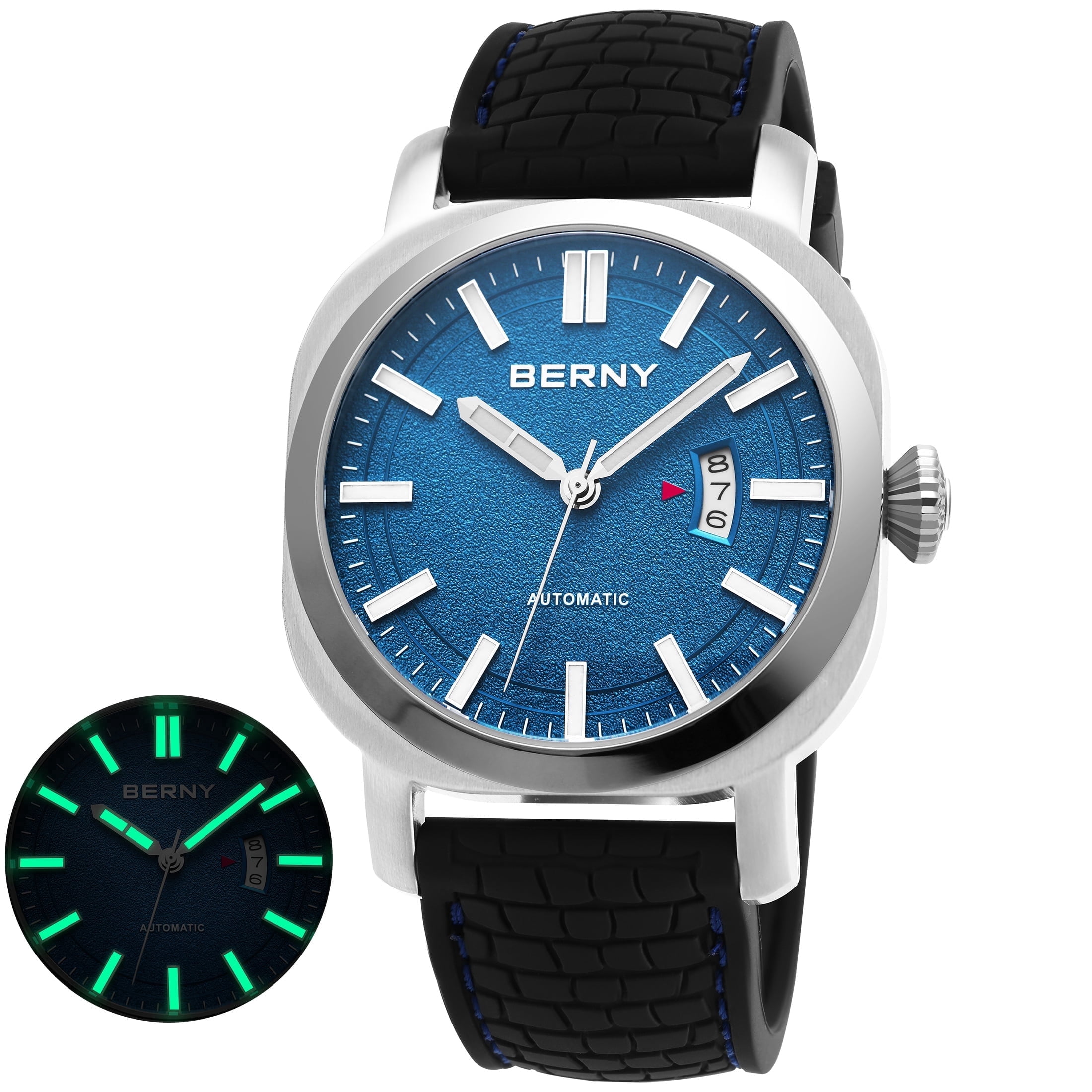 BERNY Automatic Watch for Men, Sport 10ATM Waterproof Mechanical Watch with Silicone Strap, Date Calendar, Super Luminous, Sapphire Glass, Fashionl Men's Diver Wristwatch, Blue