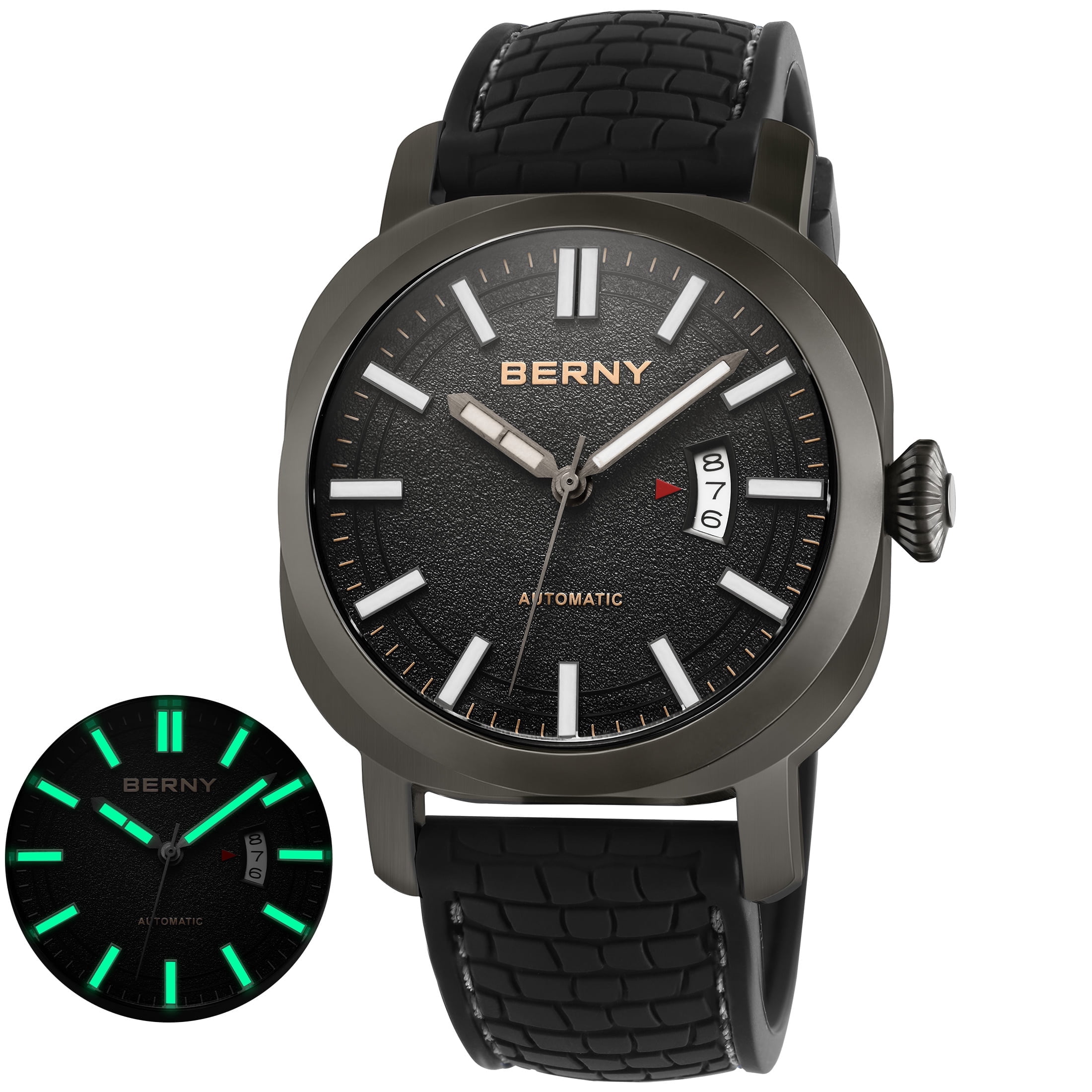 BERNY Automatic Watch for Men, Sport 10ATM Waterproof Mechanical Watch with Silicone Strap, Date Calendar, Super Luminous, Sapphire Glass, Fashion Men's Diver Wristwatch, Black