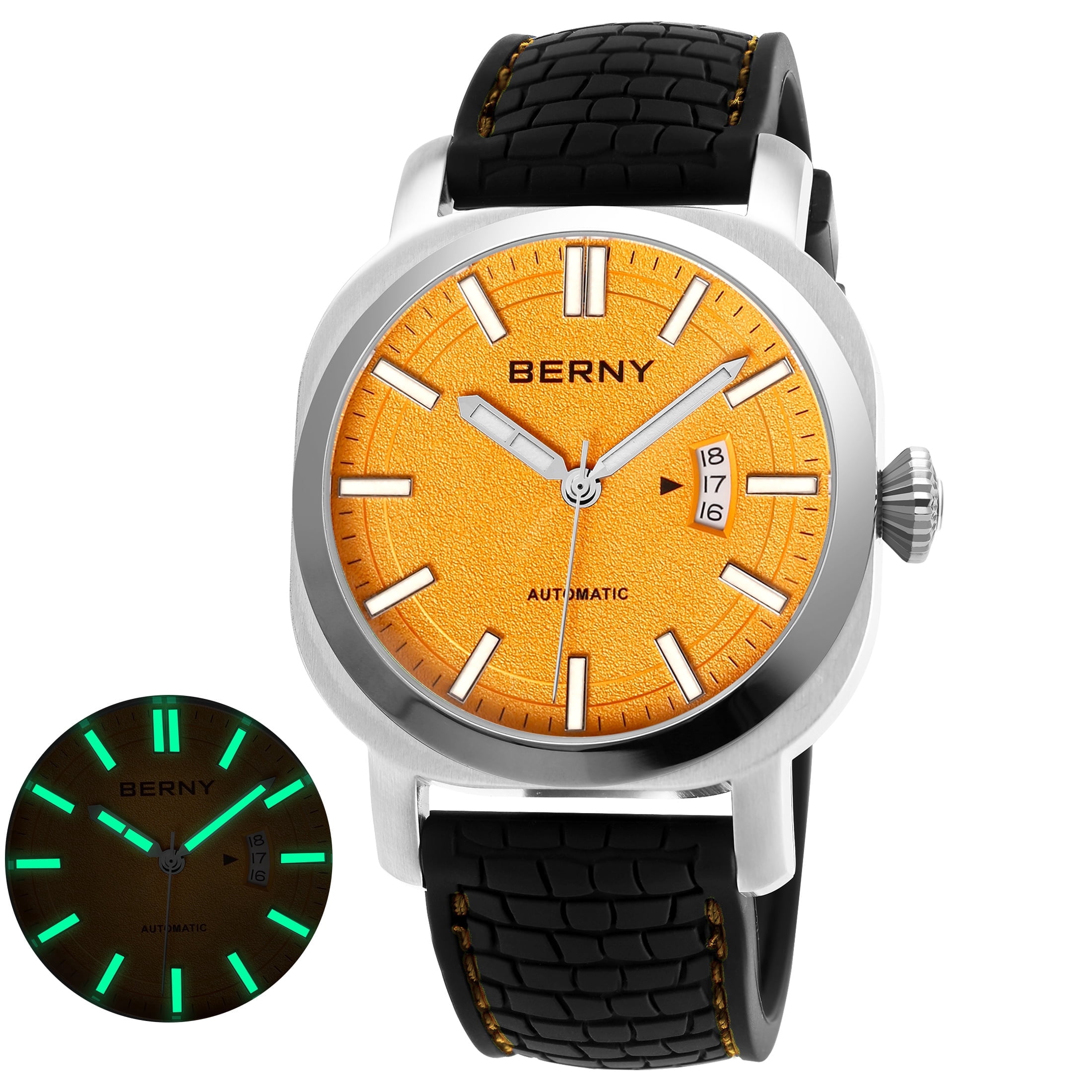 BERNY Automatic Watch for Men, Sport 10ATM Waterproof Mechanical Watch with Silicone Strap, Date Calendar, Super Luminous, Sapphire Glass, Fashion Men's Diver Wristwatch, Orange