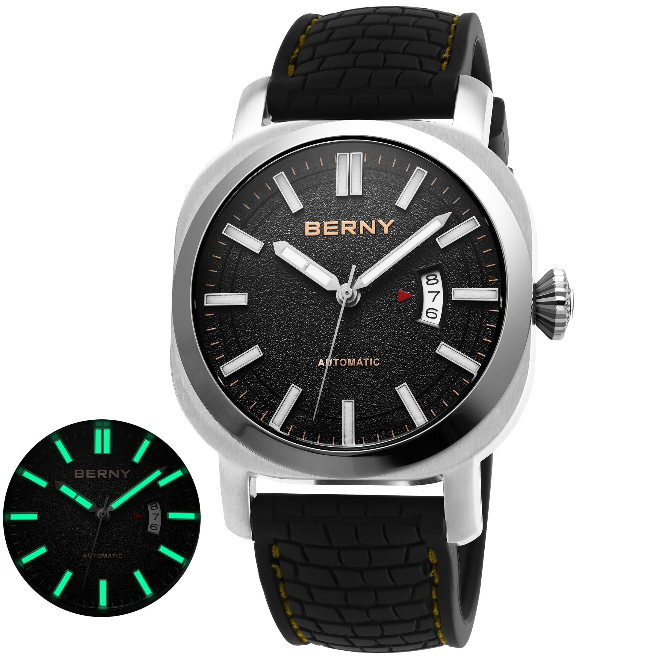 BERNY Automatic Watch for Men, Sport 10ATM Waterproof Mechanical Watch with Silicone Strap, Date Calendar, Super Luminous, Sapphire Glass, Fashion Men's Diver Wristwatch, Black
