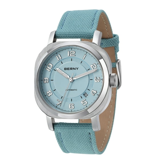 BERNY Automatic Dive Watches for Men, Sport 50M Waterproof Mechanical Watch with Canvas Strap, Day Calendar, Arabic Numeral Dial, Super Luminous, Sapphire Glass, Fashion Men's Watch, Light Blue