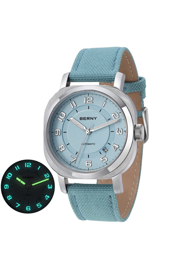 Automatic Watch for Men, Casual Sport Mechanical Watch with Nylon Strap, Date, Stainless Steel, Super Luminous, Sapphire Glass, 5ATM Waterproof, Fashion Men's Wristwatch, Light Blue