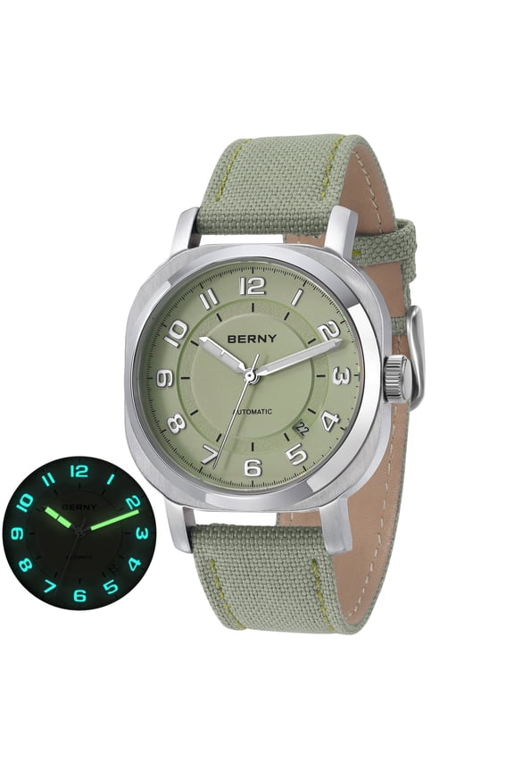 Automatic Watch for Men, Casual Sport 50M Waterproof Mechanical Wrist Watch with Fabric Strap, Super Luminous, Sapphire Glass, Date Calendar, Fashion Vintage Men's Watch, Light Green