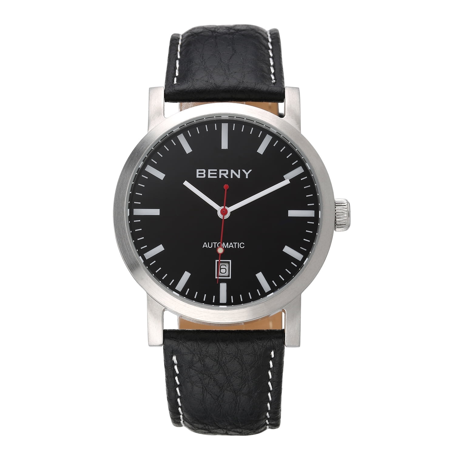 BERNY Automatic Watch for Men, Classic Mechanical Wristwatch with Genuine Leather Strap, Date Calendar, 5ATM Waterproof Super Luminous, Red Seconds Hand (Black)