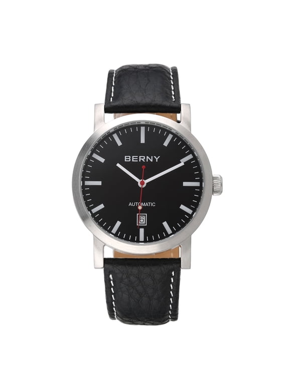 Automatic Watch for Men, Classic Mechanical Wristwatch with Genuine Leather Strap, Date Calendar, 5ATM Waterproof Super Luminous, Red Seconds Hand (Black)