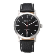 BERNY Automatic Watch for Men, Classic Mechanical Wristwatch with Genuine Leather Strap, Date Calendar, 5ATM Waterproof Super Luminous, Red Seconds Hand Black