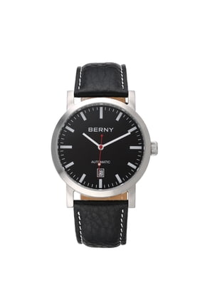 Automatic Watch for Men, Classic Mechanical Wristwatch with Genuine Leather Strap, Date Calendar, 5ATM Waterproof Super Luminous, Red Seconds Hand (Black)