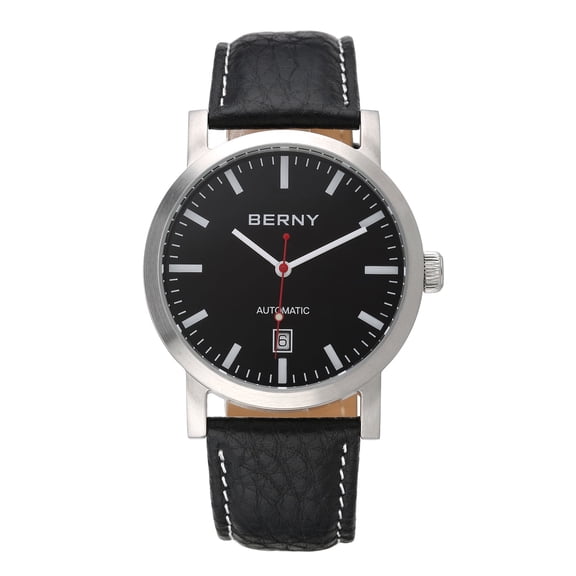 BERNY Automatic Watch for Men, Classic Mechanical Wristwatch with Genuine Leather Strap, Date Calendar, 5ATM Waterproof Super Luminous, Red Seconds Hand (Black)