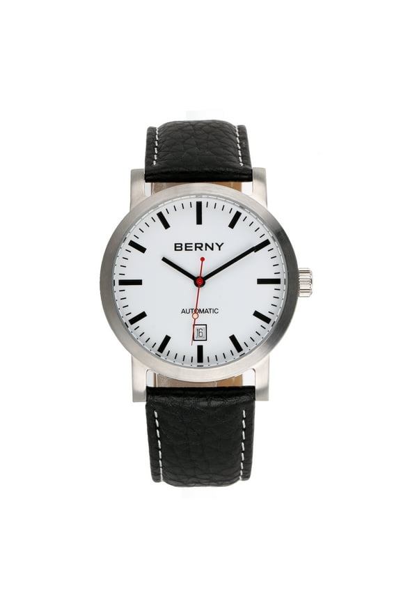 Automatic Mechanical Watch for Men Classic 5ATM Waterproof Wristwatch with Genuine Leather Strap, Date Calendar, Super Luminous Red Seconds Hand-White Dial