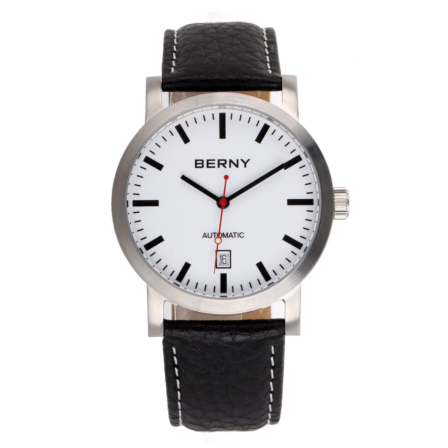 BERNY Automatic Watch for Men, Classic Mechanical Wristwatch with Genuine Leather Strap, Date Calendar, 5ATM Waterproof, Super Luminous, Red Seconds Hand (White)