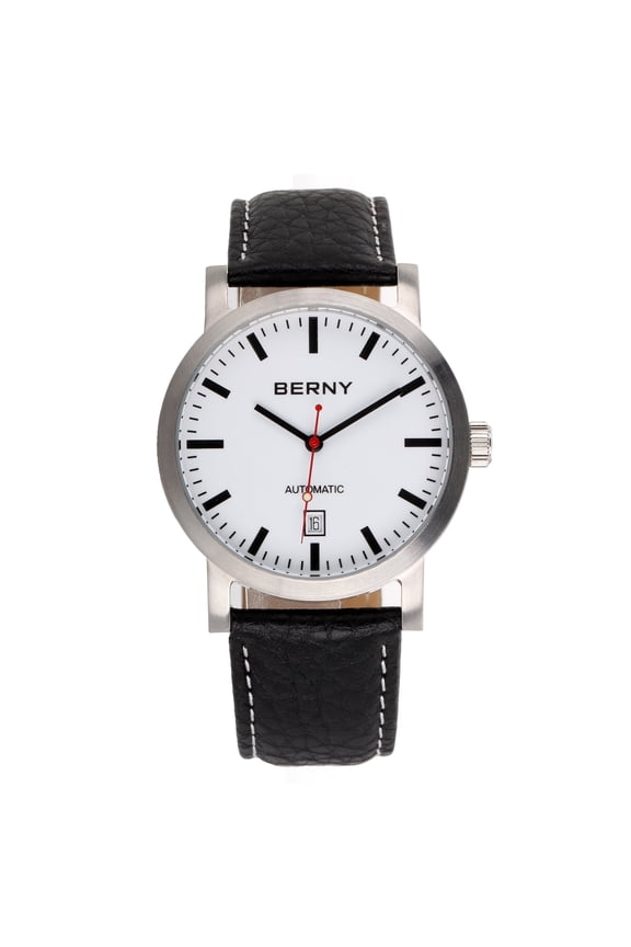 Automatic Watch for Men, Classic Mechanical Wristwatch with Genuine Leather Strap, Date Calendar, 5ATM Waterproof, Super Luminous, Red Seconds Hand (White)