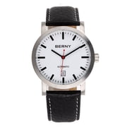 BERNY Automatic Watch for Men, Classic Mechanical Wristwatch with Genuine Leather Strap, Date Calendar, 5ATM Waterproof, Super Luminous, Red Seconds Hand White