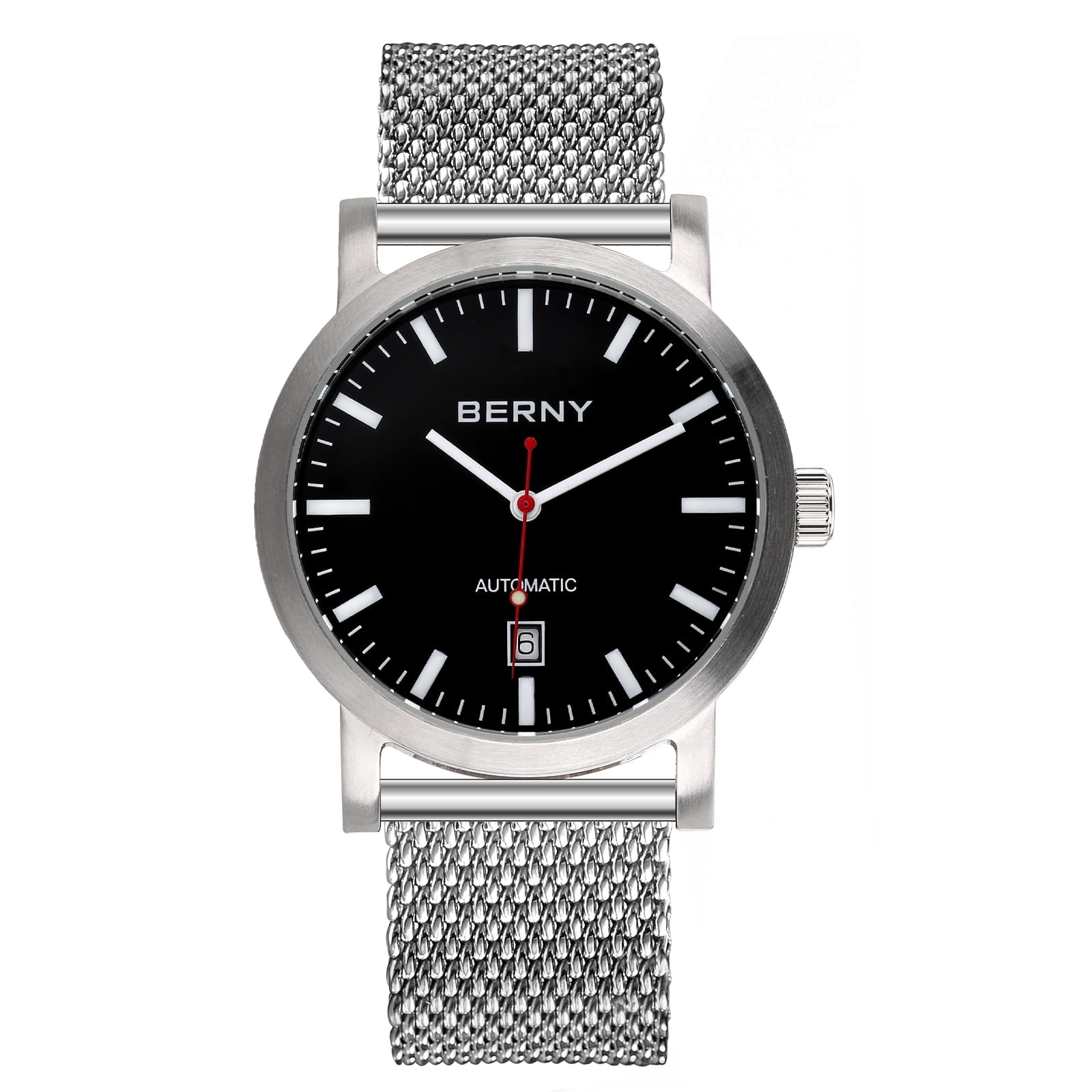BERNY Automatic Watch for Men, Classic Mechanical Wristwatch with Stainless Steel Mesh Band, Date Calendar, 5ATM Waterproof, Super Luminous, Red Seconds Hand (Black)