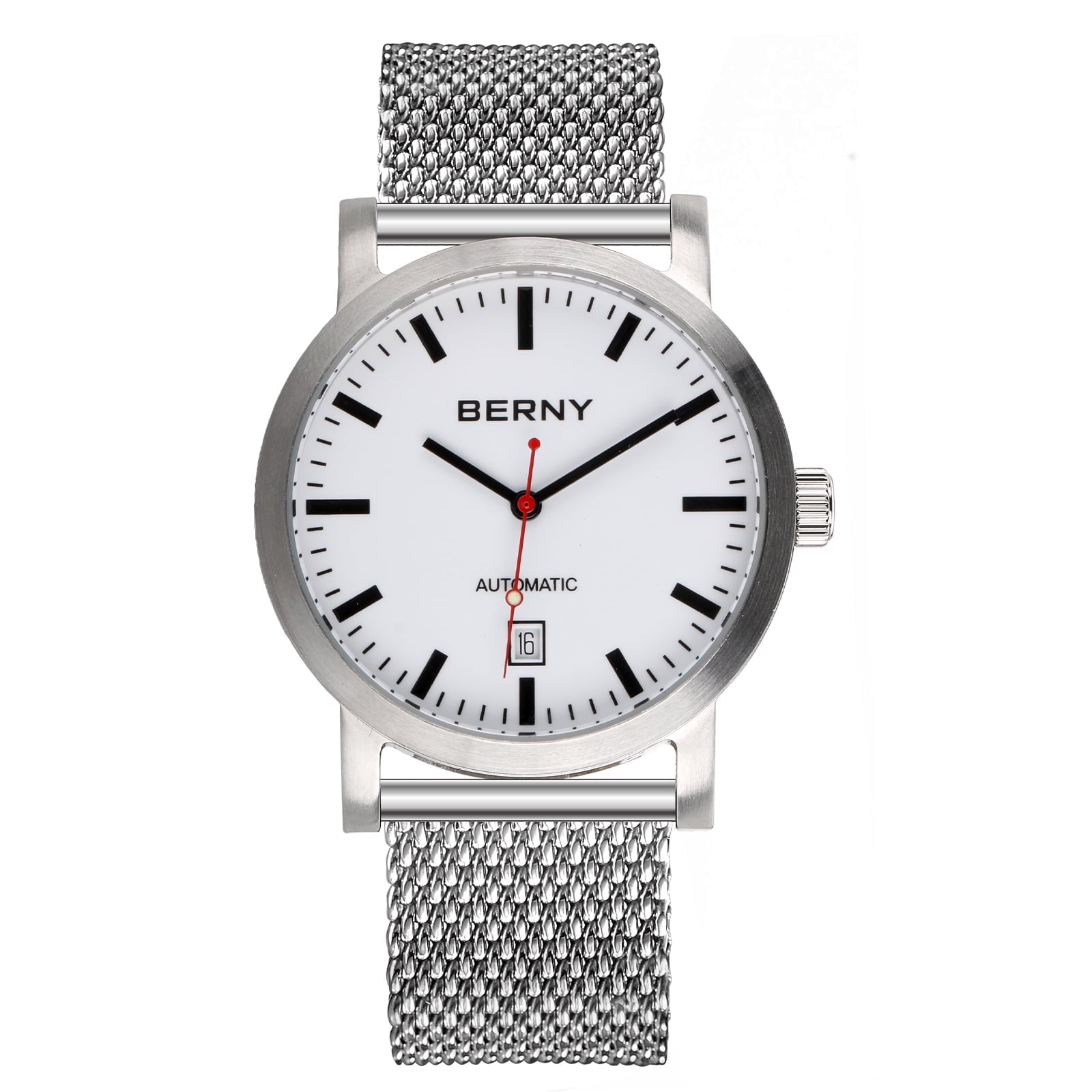 BERNY Automatic Watch for Men, Classic Mechanical Wristwatch with Stainless Steel Mesh Band, Date Calendar, 5ATM Waterproof, Super Luminous, Red Seconds Hand (White)