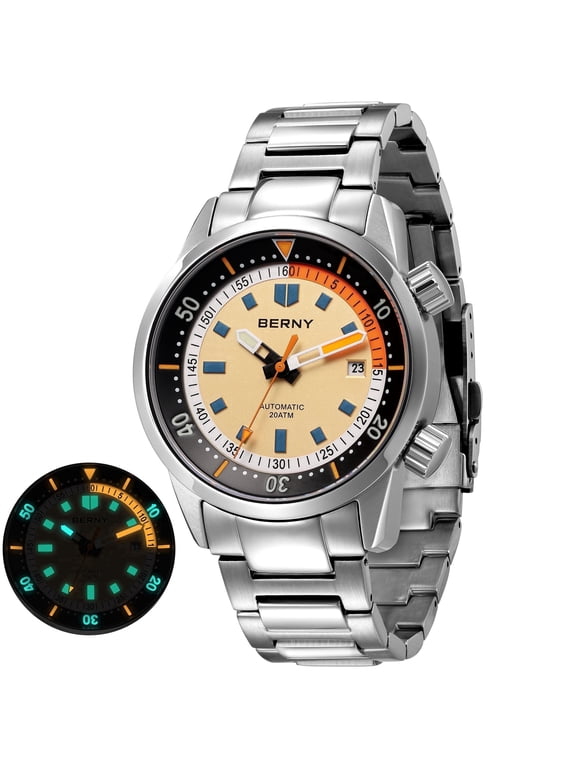 Men's Automatic Sport Diver Watch, Stainless Steel Band, Sapphire Crystal, Super Luminous, 20ATM Waterproof, Fashion Wrist Watches, Yellow