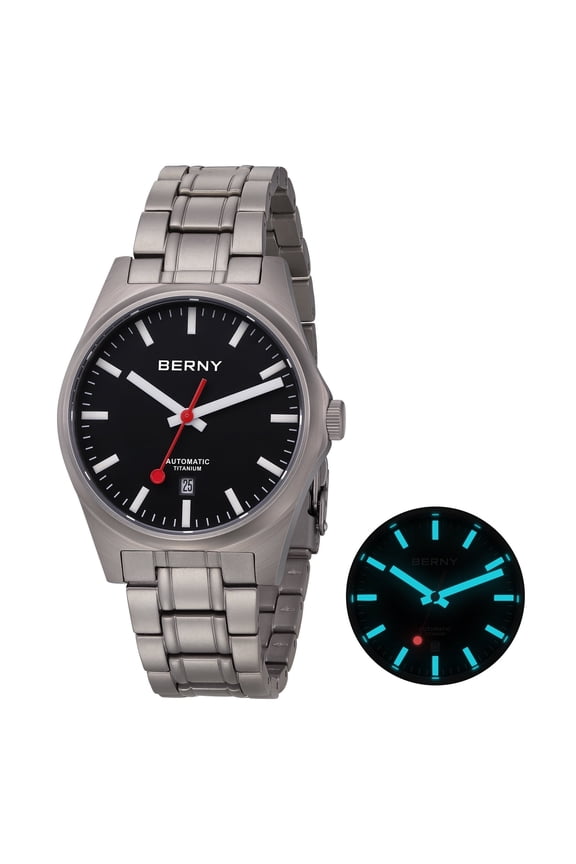 Automatic Titanium Watches for Men, Sport Casual 10ATM Waterproof Analog Mechanical Watch with Date, Super Luminous, Sapphire Crystal, Fashion Minimalist Men's Wrist Watch (Black)