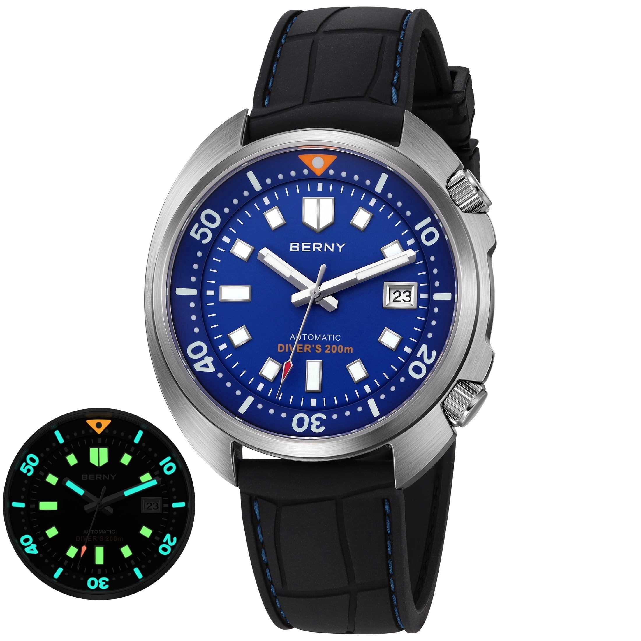 BERNY Automatic Dive Watches for Men, Sport 200M Waterproof Analog Mechanical Watch with Date Display, Super Luminous, Silicone Strap, Sapphire Crystal, Fashion Men's Diver Watch (Blue)