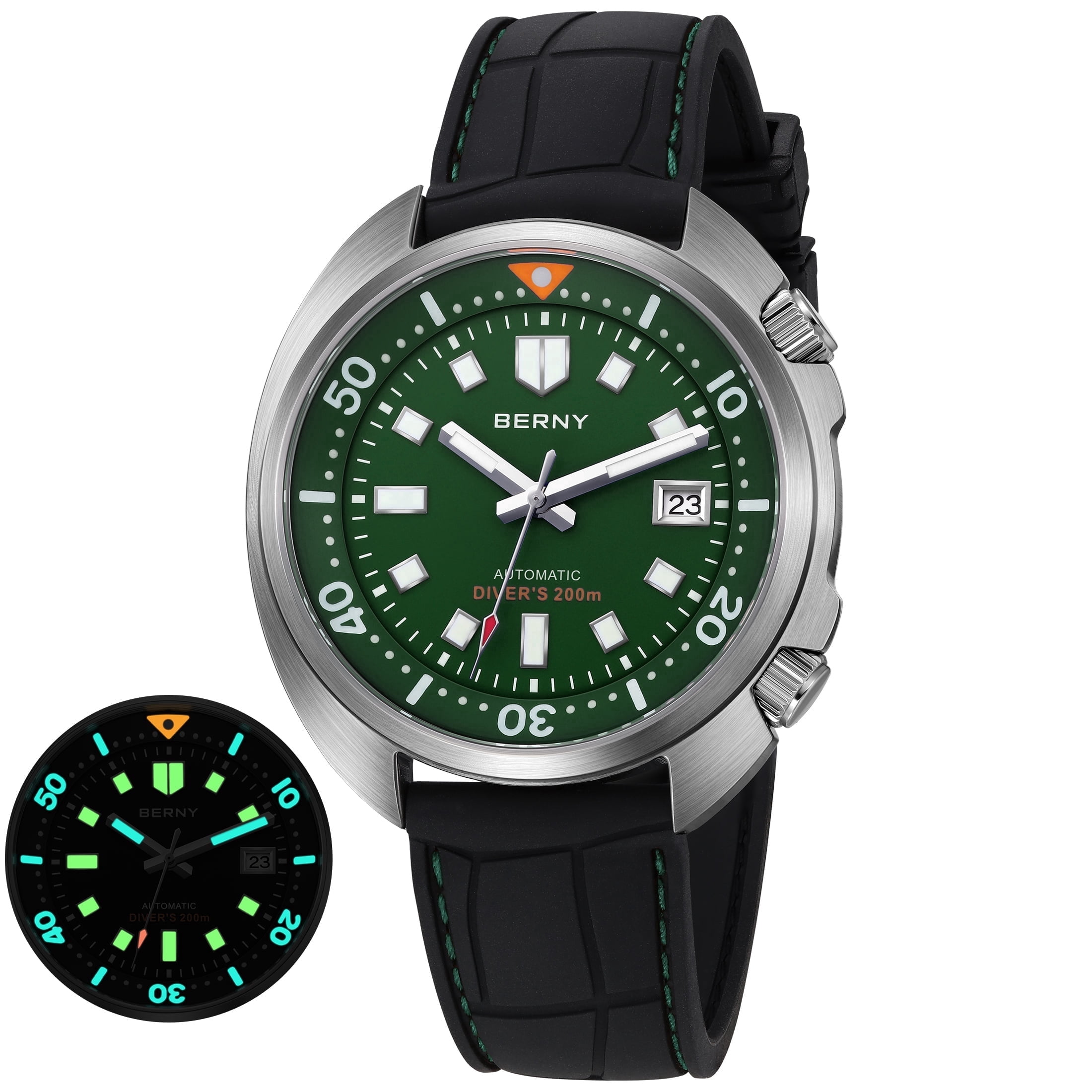 BERNY Automatic Dive Watches for Men, Sport 200M Waterproof Analog Mechanical Watch with Date Display, Super Luminous, Silicone Strap, Sapphire Crystal, Fashion Men's Diver Watch (Green)