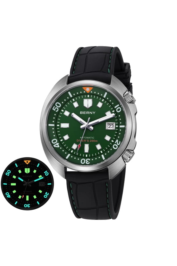 Automatic Dive Watches for Men, Sport 200M Waterproof Analog Mechanical Watch with Date Display, Super Luminous, Silicone Strap, Sapphire Crystal, Fashion Men's Diver Watch (Green)