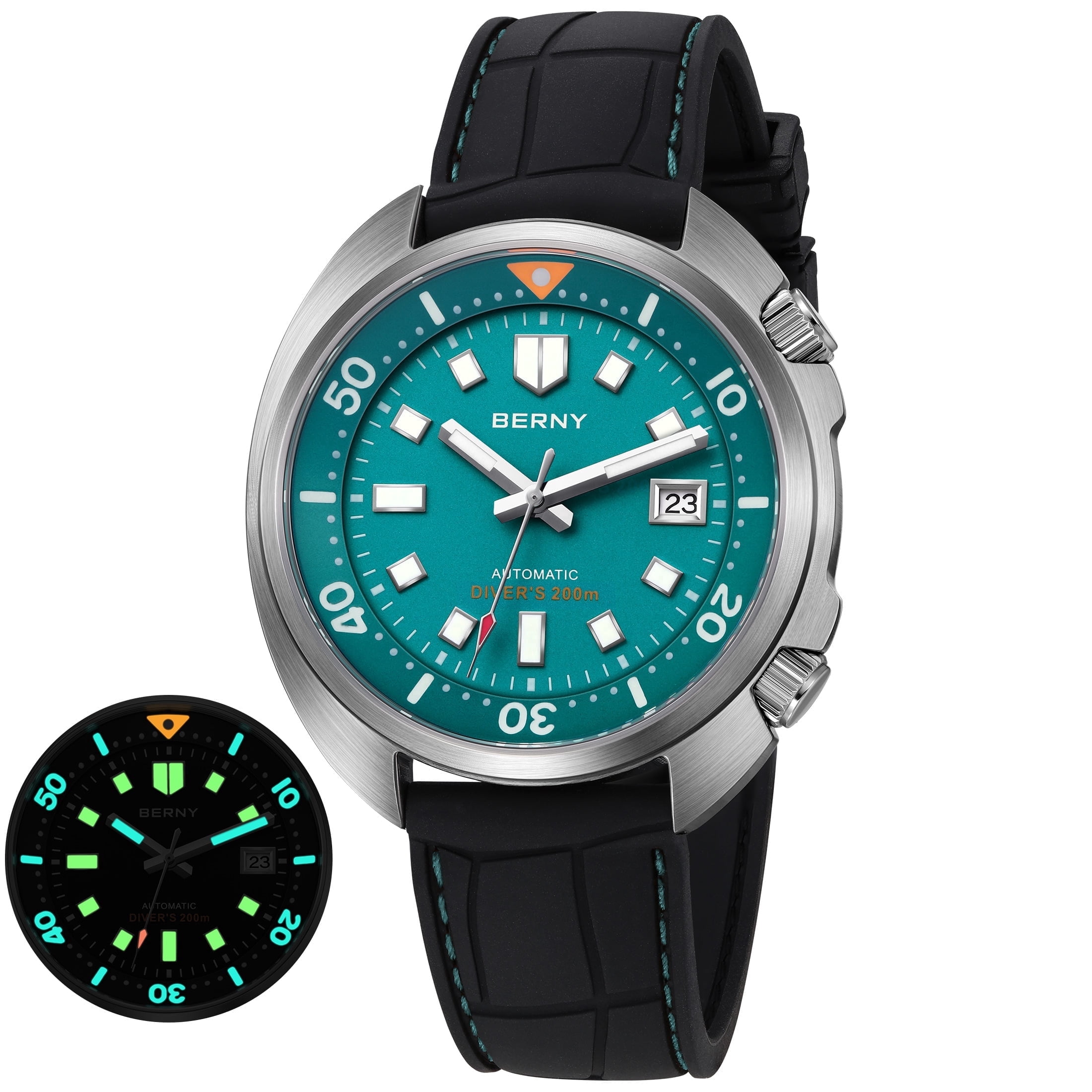 BERNY Automatic Dive Watches for Men, Sport 200M Waterproof Analog Mechanical Watch with Date Display, Super Luminous, Silicone Strap, Sapphire Crystal, Fashion Men's Diver Watch (Mint Green)