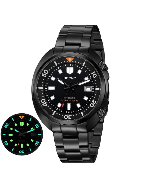 Men's Automatic Sport Diver Watch, Stainless Steel Band, Date Display, Super Luminous, Sapphire Crystal, 20ATM Waterproof, Black