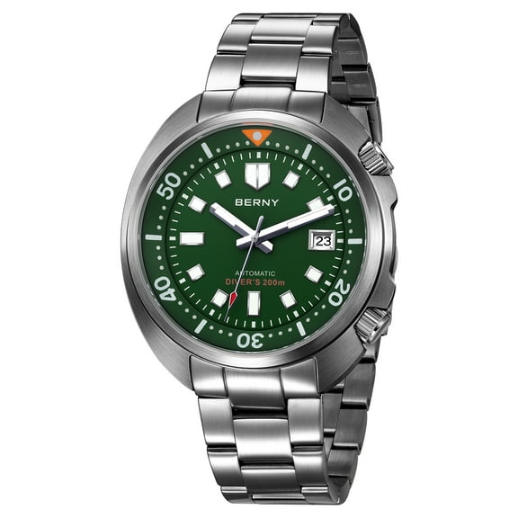 BERNY Automatic Dive Watches for Men, 200M Waterproof Mechanical Wristwatch with Stainless Steel Case & Band, Super Luminous, Date, Sapphire Glass, Rotating Bezel, Sport Diving Mens Watch, Green