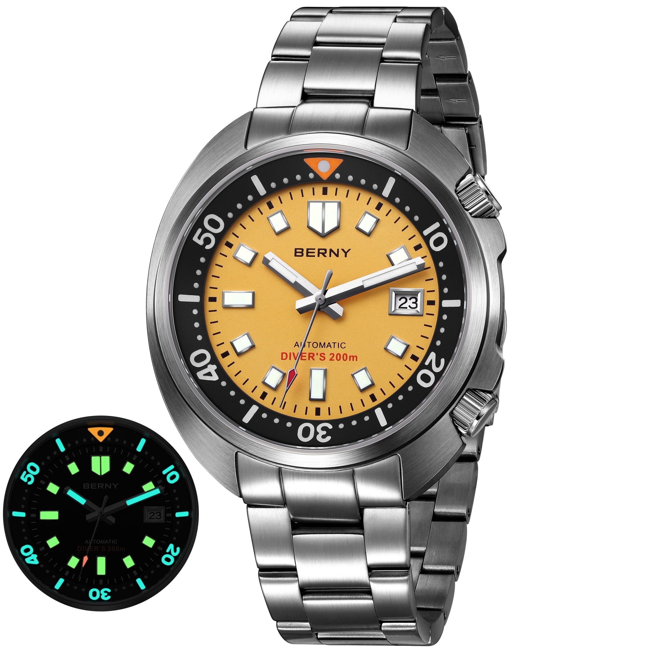 BERNY Automatic Dive Watches for Men, Sport 200M Waterproof Analog Mechanical Watch with Date Display, Super Luminous, Stainless Steel, Sapphire Crystal, Fashion Men's Diver Watch (Yellow)