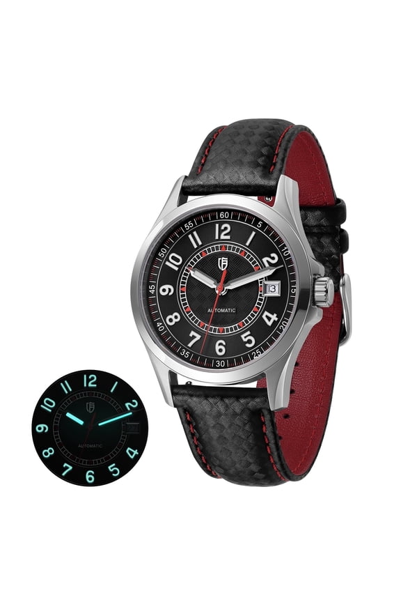 Automatic Watches for Men, 10ATM Fashion Wristwatches with Leather Strap, Date, Super Luminous, Easy Reading Arabic Numeral Mechanical Men's Watches (Red Black)