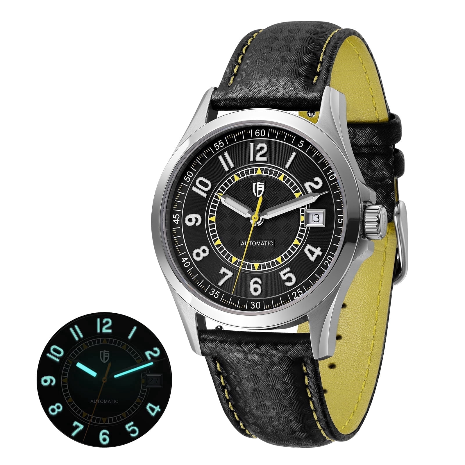 BERNY Men's Automatic Watch, Leather Strap Mechanical Watch with Date, Super Luminous, Sapphire Crystal, 10ATM Waterproof, Fashion Casual Wristwatch for Men (Yellow)