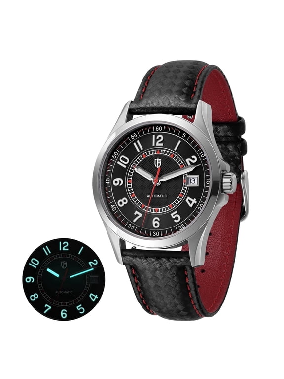 Men's Automatic Watch, Leather Strap Mechanical Watch with Date, Super Luminous, Sapphire Crystal, 10ATM Waterproof, Fashion Casual Wristwatch for Men (Red)