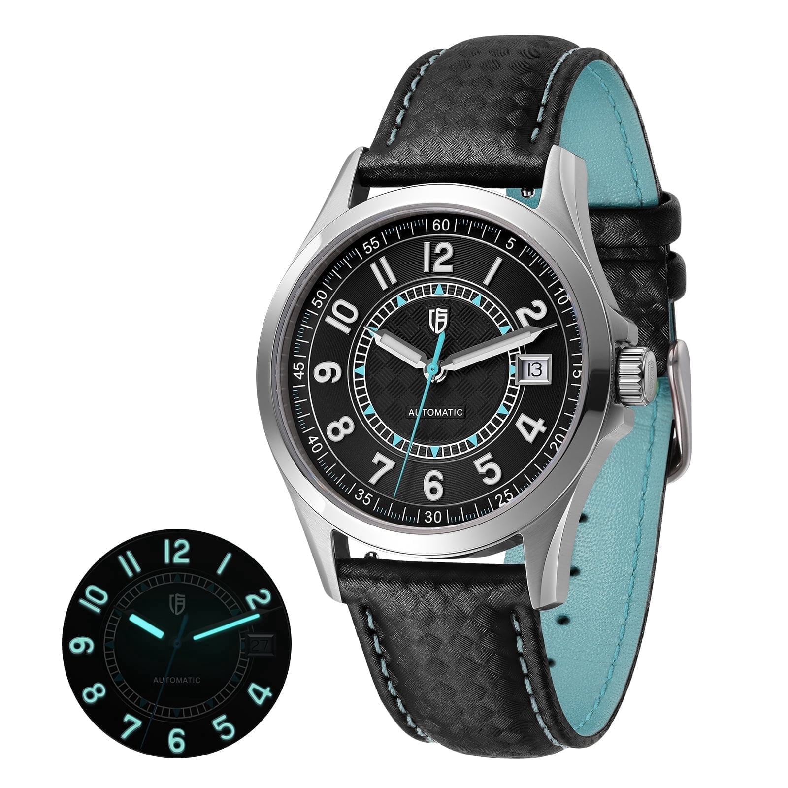 BERNY Men's Automatic Watch, Leather Strap Mechanical Watch with Date, Super Luminous, Sapphire Crystal, 10ATM Waterproof, Fashion Casual Wristwatch for Men (Blue)