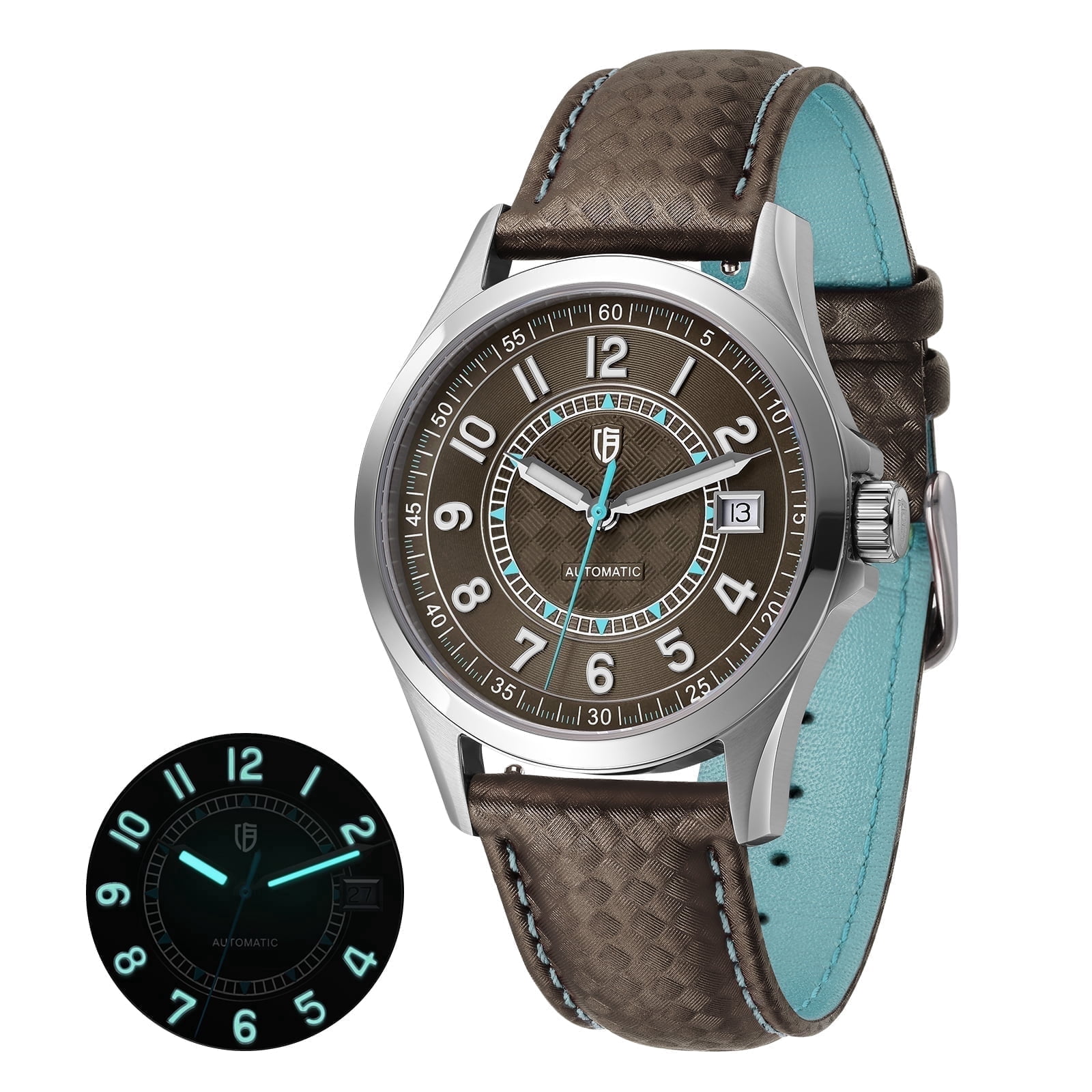 BERNY Men's Automatic Watch, Leather Strap Mechanical Watch with Date, Super Luminous, Sapphire Crystal, 10ATM Waterproof, Fashion Casual Wristwatch for Men (Blue)