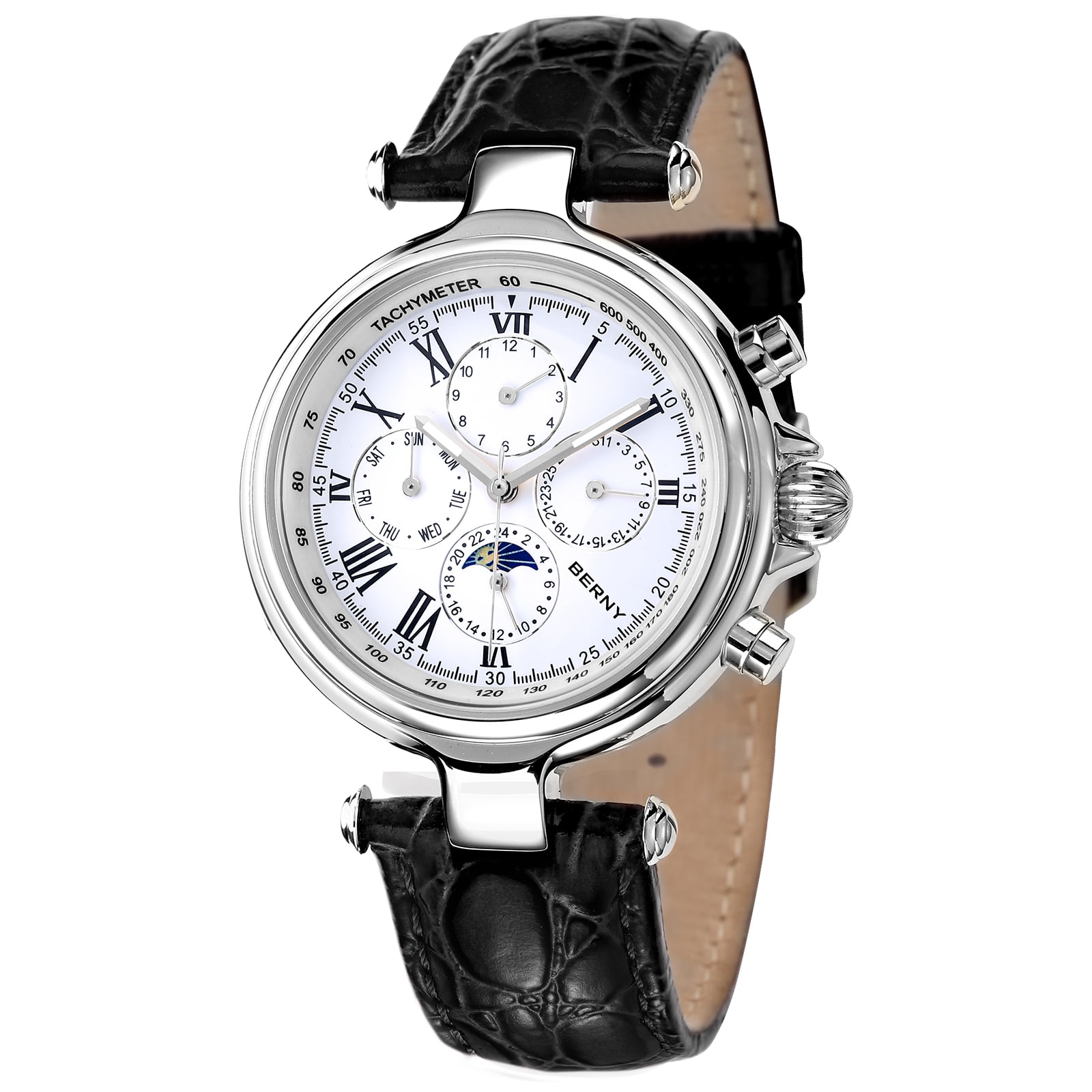BERNY Automatic Watch for Men Classic Mechanical Self Winding Wristwatch 3ATM Waterproof Multi-Functional Dials Date, Week, Month and Moon Phase