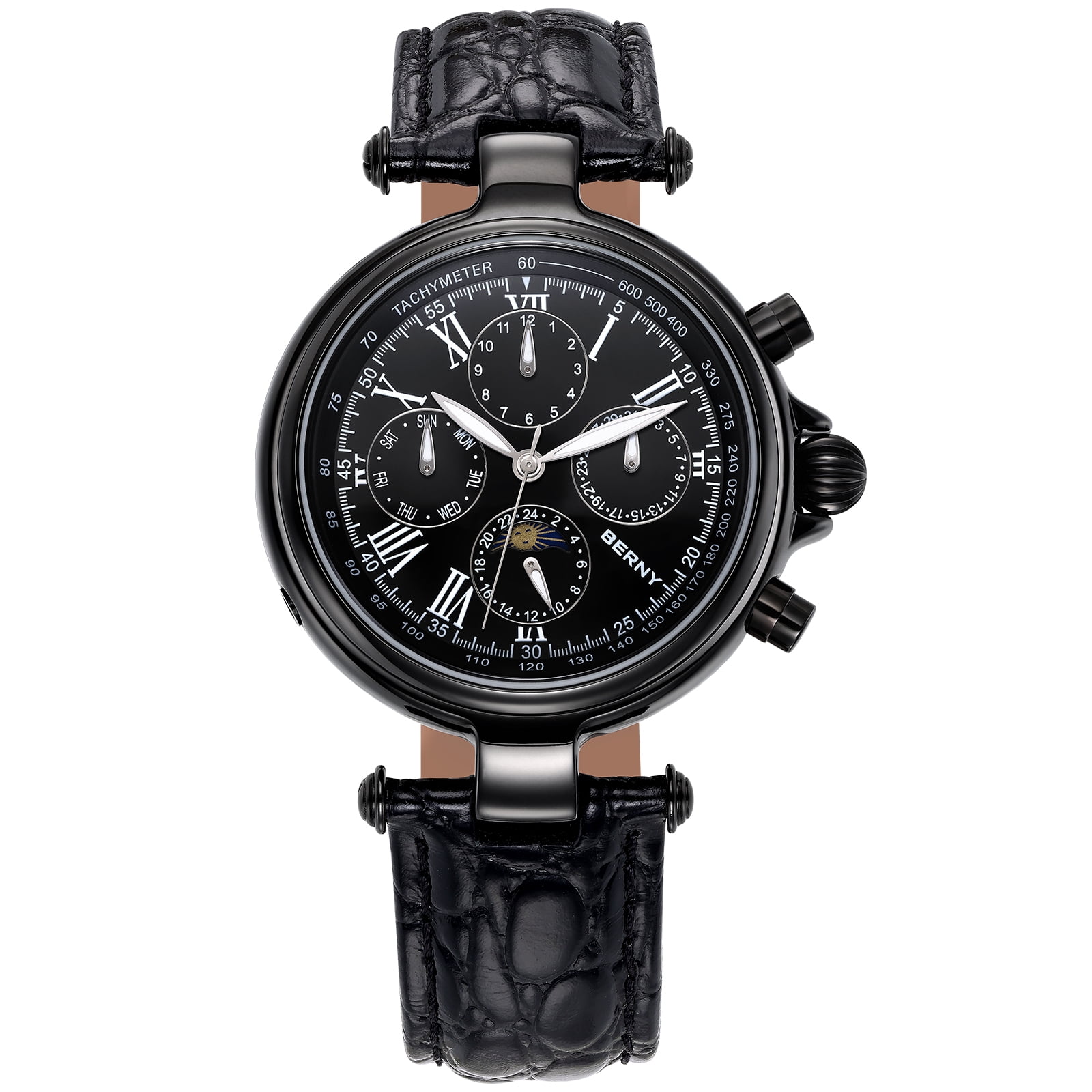 BERNY Automatic Watch for Men Classic Mechanical Self Winding Wristwatch 3ATM Waterproof Multi-Functional Dials Date, Week, Month and Moon Phase