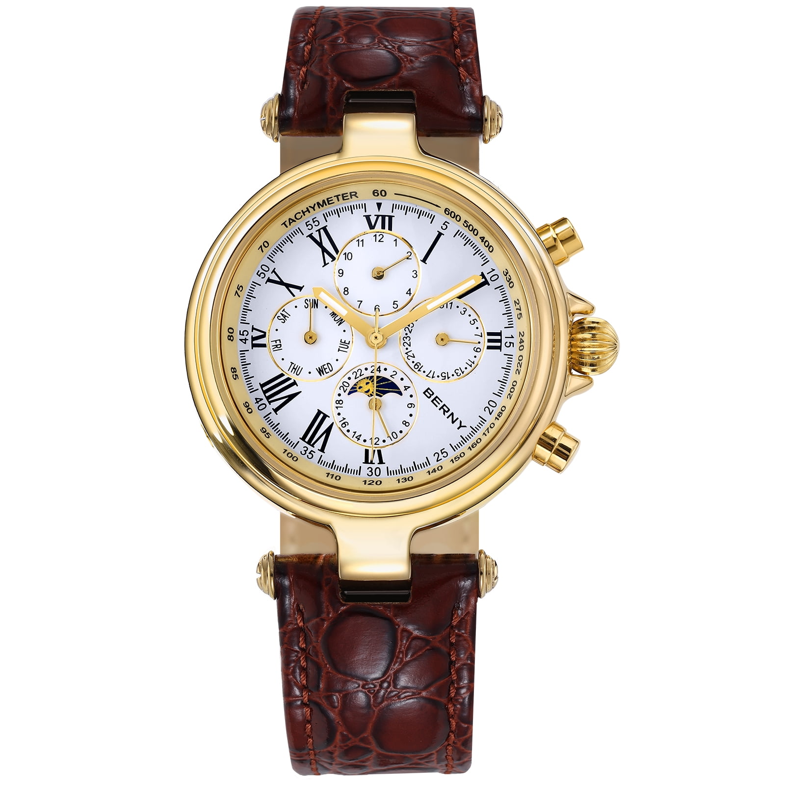 BERNY Automatic Watch for Men Classic Mechanical Self Winding Wristwatch 3ATM Waterproof Multi-Functional Dials Date, Week, Month and Moon Phase
