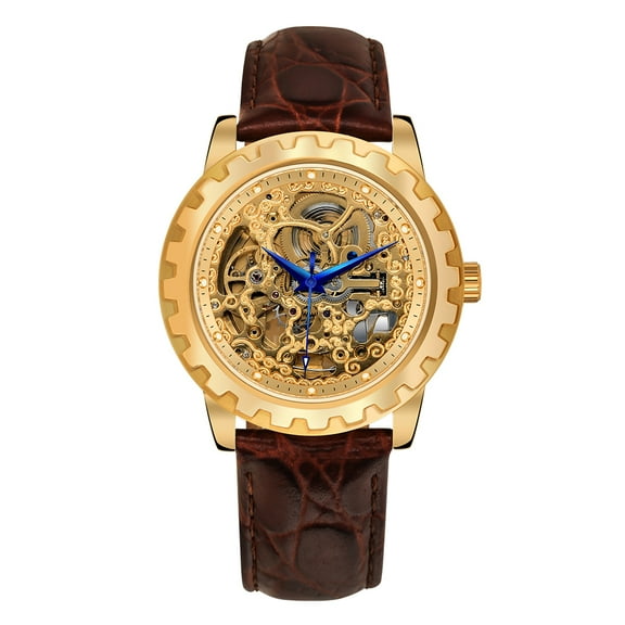 BERNY Automatic Watches for Men, Luxury Skeleton Mechanical Watch Self Winding Carved, Exhibition Caseback, Luminous, 5ATM Waterproof, Stainless Steel, Vintage Men's Leather Watch (Gold)