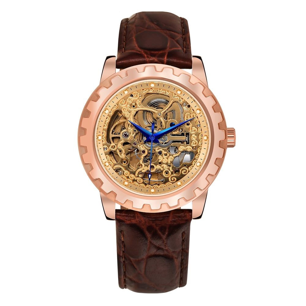 BERNY Automatic Watches for Men, Luxury Skeleton Mechanical Watch Self Winding Carved, Exhibition Caseback, Luminous, 5ATM Waterproof, Stainless Steel, Vintage Men's Leather Watch (Rose Gold)