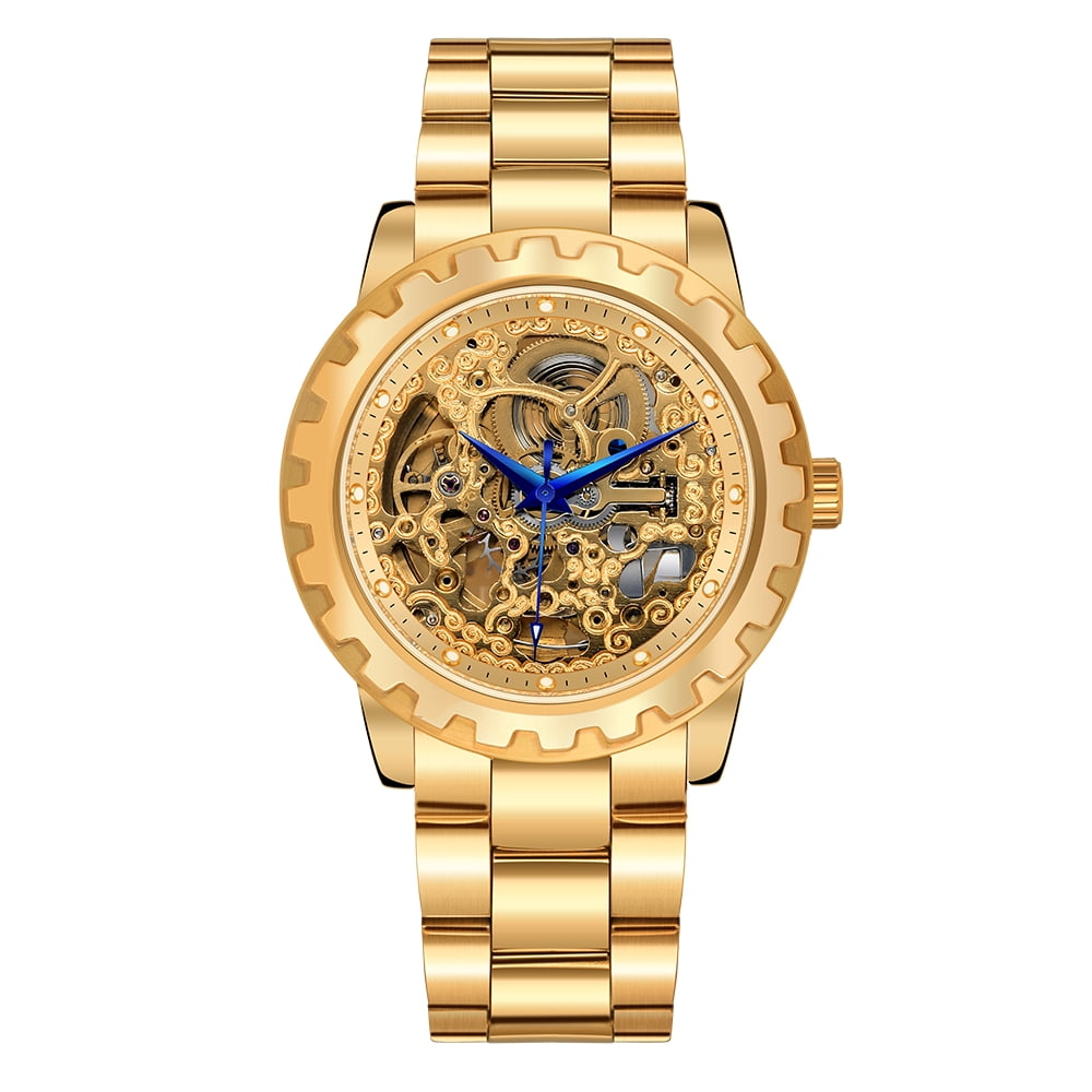 BERNY Automatic Watches for Men, Luxury Skeleton Mechanical Watch Self Winding Carved, Exhibition Caseback, Luminous, 5ATM Waterproof, Stainless Steel, Vintage Men's Wrist Watch (Gold)