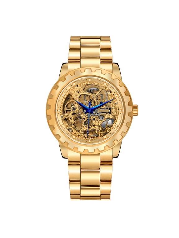 Automatic Watches for Men, Luxury Skeleton Mechanical Watch Self Winding Carved, Exhibition Caseback, Luminous, 5ATM Waterproof, Stainless Steel, Vintage Men's Wrist Watch (Gold)