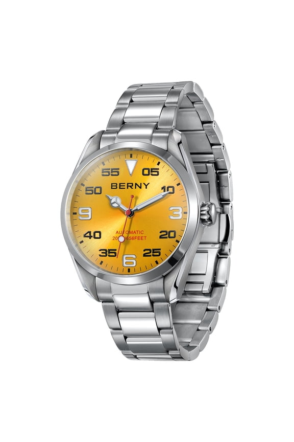 Automatic Watches for Men, 20ATM Waterproof Luminous Analog Mechanical Watch, Stainless Steel Fashion Men's Silver Watch, Sapphire Crystal, Screw-in Crown (Yellow)