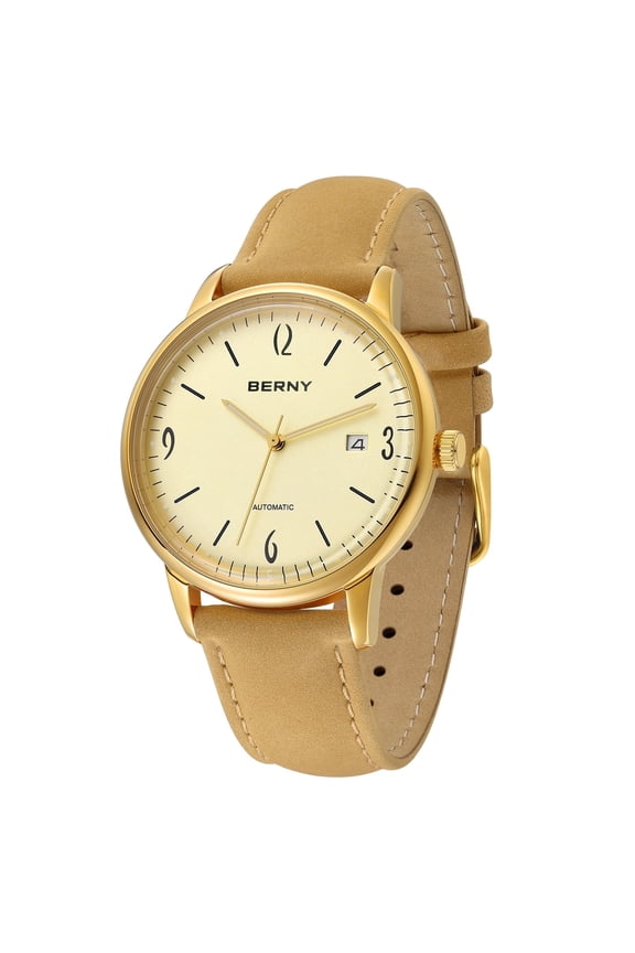 Automatic Watches for Men, Dress Stainless Steel Analog Mechanical Watch, 5ATM Waterproof, Luminous, Date Calendar, Easy to Read, Minimalist Mens Wrist Watch (Gold)