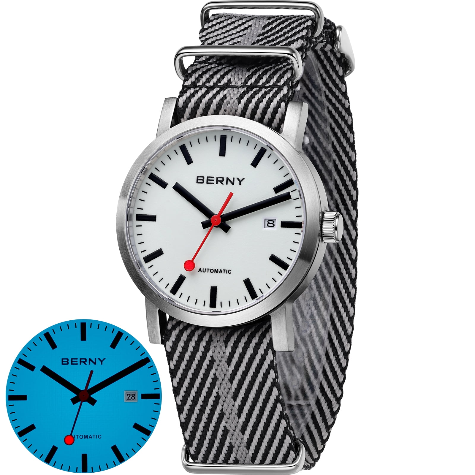 BERNY Automatic Watches for Men, Luxury Self Winding Mechanical Dress Watch with Date, Nylon Strap, Sapphire Crystal, Luminous, Stainless Steel, 50M Waterproof, Minimalist Mens Watches (White)