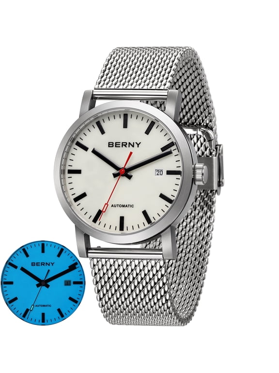 Automatic Watches for Men, Luxury Self Winding Mechanical Dress Watch with Date, Stainless Steel Mesh Band Sapphire Crystal Luminous 50M Waterproof, Minimalist Analog Men's Watches (Silver)