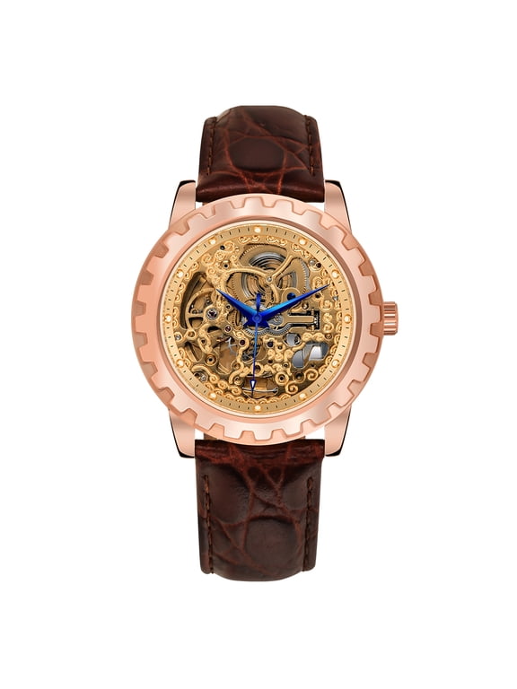 Automatic Watches for Men, Luxury Skeleton Mechanical Watch Self Winding Carved, Exhibition Caseback, Luminous, 5ATM Waterproof, Stainless Steel, Vintage Men's Leather Watch (Rose Gold)
