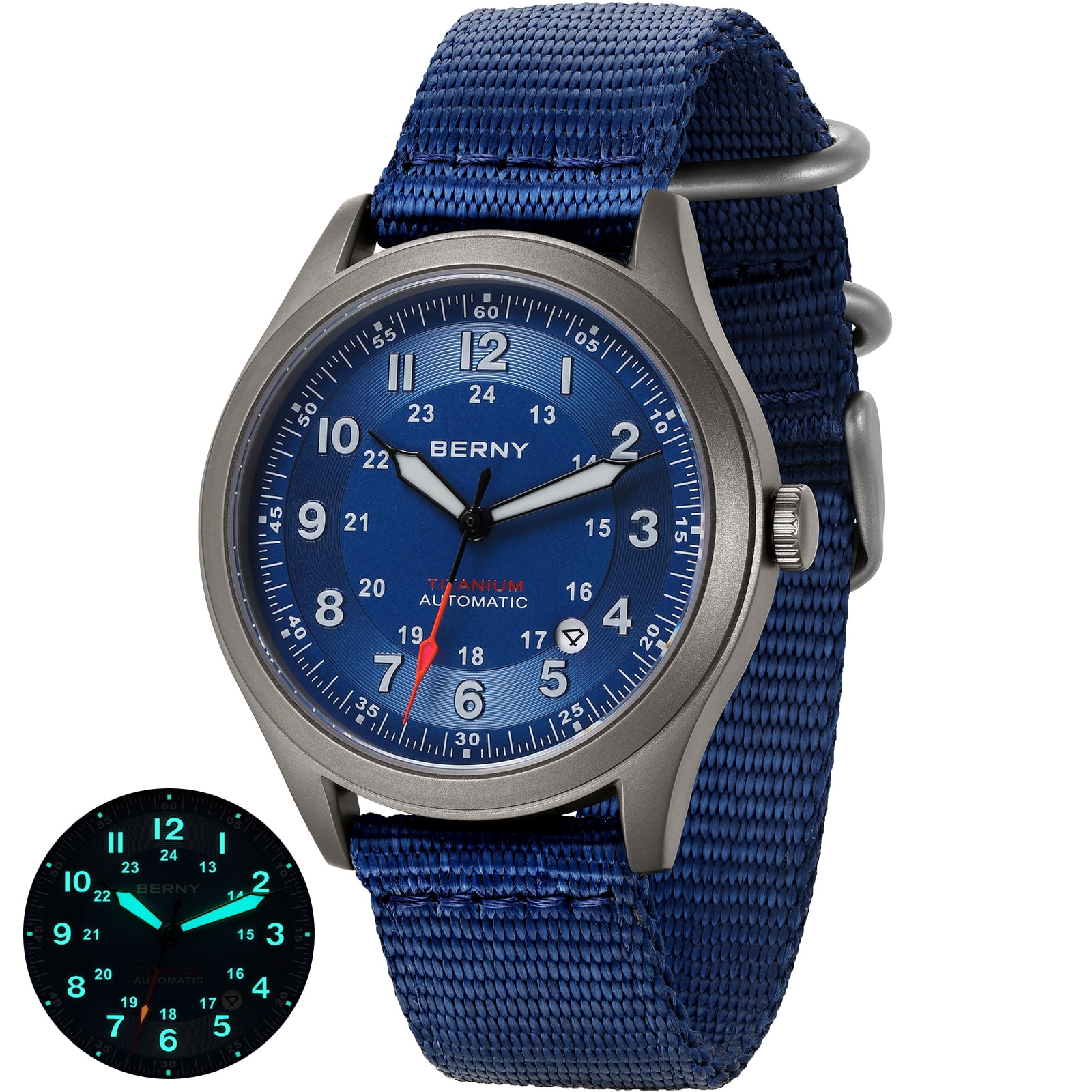 BERNY Automatic Watches for Men Military Sport Nylon Strap Titanium Field Watch with Date Sapphire Crystal Luminous Analog Mechanical Watch 100M Waterproof Army Tactical Casual Wristwatch (Blue)