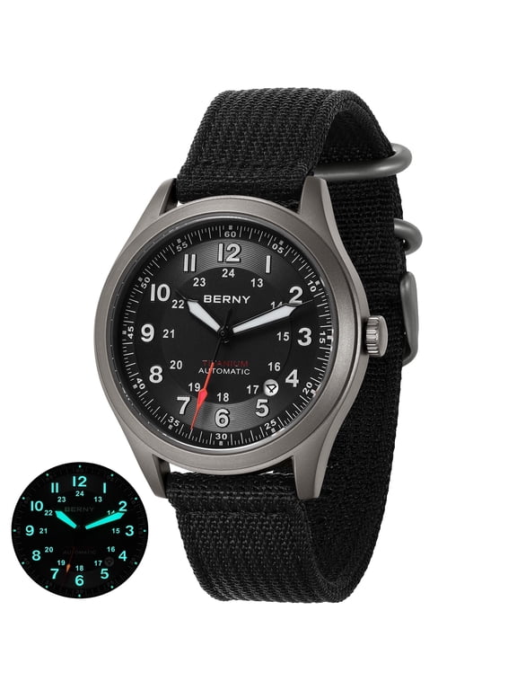 Automatic Watches for Men Military Sport Nylon Strap Titanium Field Watch with Date Sapphire Crystal Luminous Analog Mechanical Watch 100M Waterproof Army Tactical Casual Wristwatch (Black)