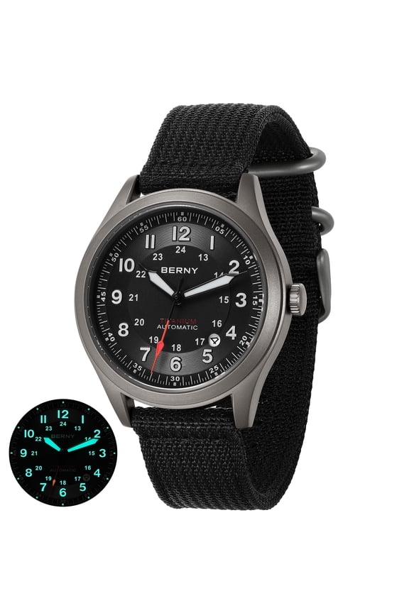 Automatic Watches for Men Military Sport Nylon Strap Titanium Field Watch with Date Sapphire Crystal Luminous Analog Mechanical Watch 100M Waterproof Army Tactical Casual Wristwatch (Black)
