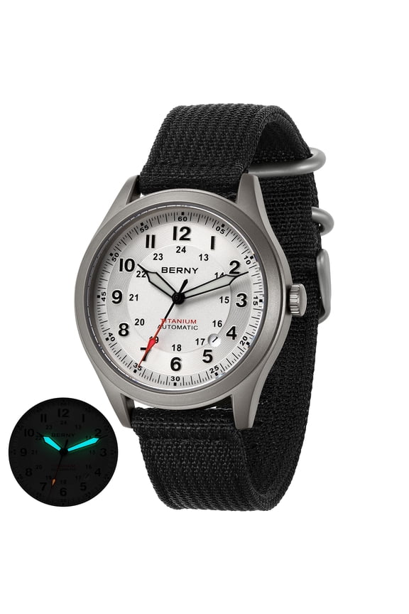 Automatic Watches for Men Military Sport Nylon Strap Titanium Field Watch with Date Sapphire Crystal Luminous Analog Mechanical Watch 100M Waterproof Army Tactical Casual Wristwatch (White)
